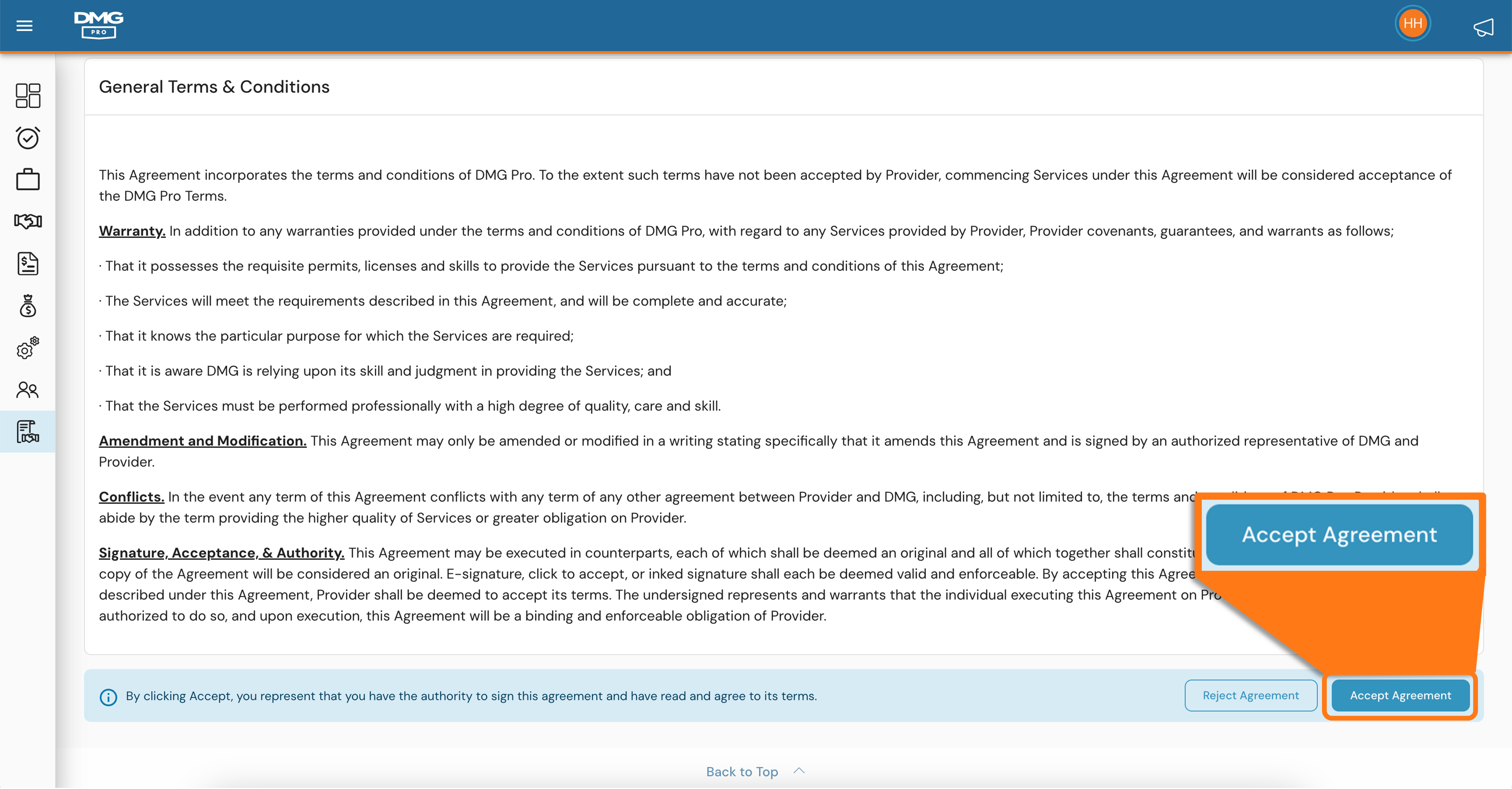 How to Review and Accept Service Agreements – DMG External