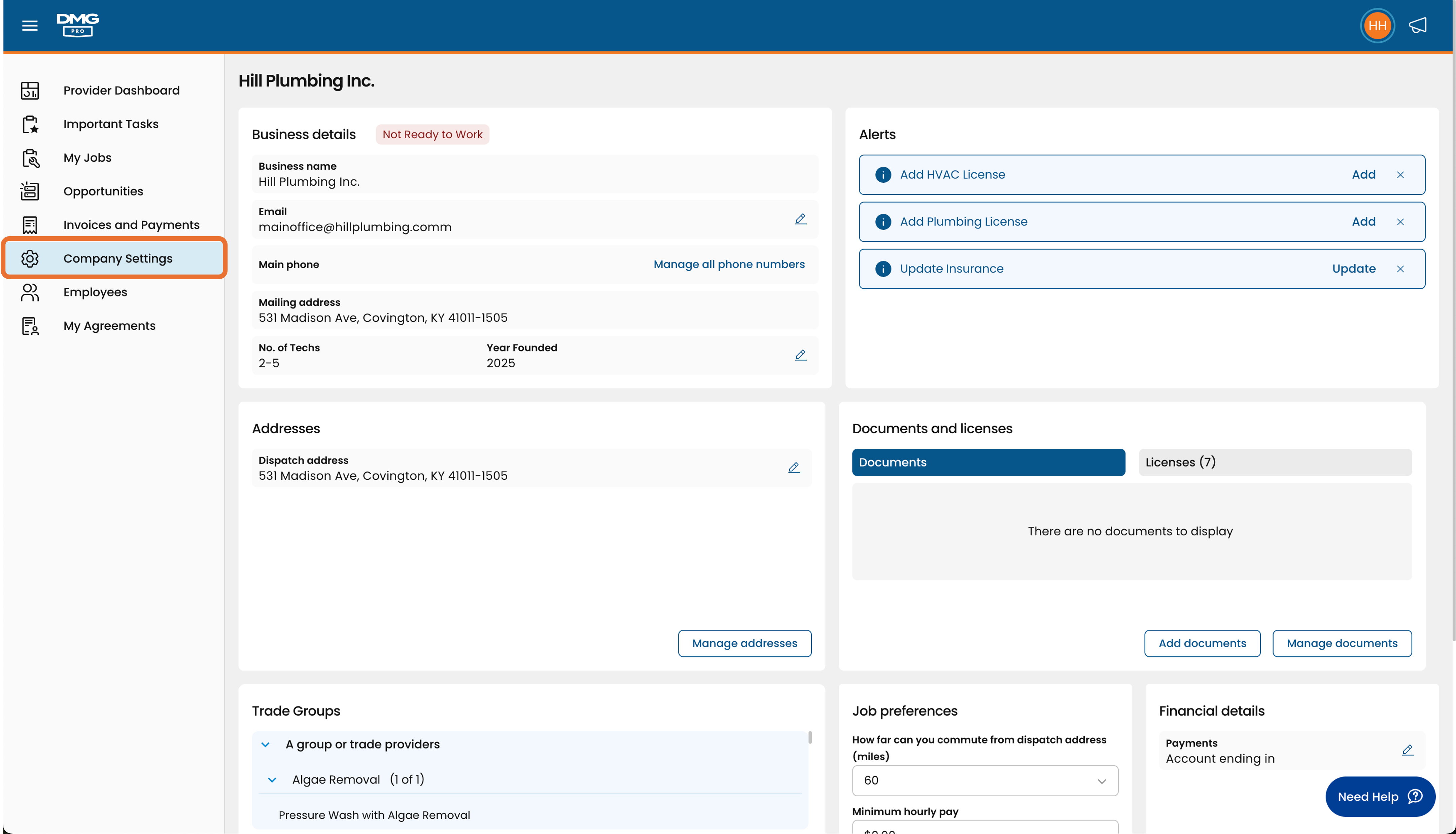 Managing company services in DMG Pro.